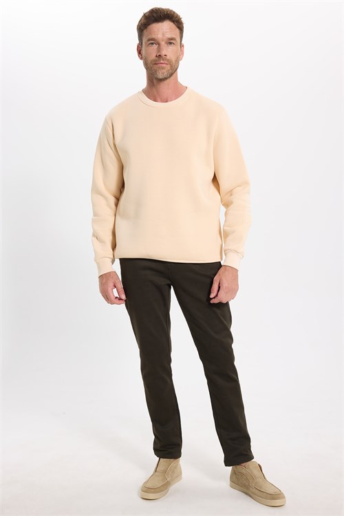 Unisex Relax Fit Rahat Kesim Pamuklu 3 İplik İçi Polarlı Bej Renk Bisiklet Yaka Sweatshirt
