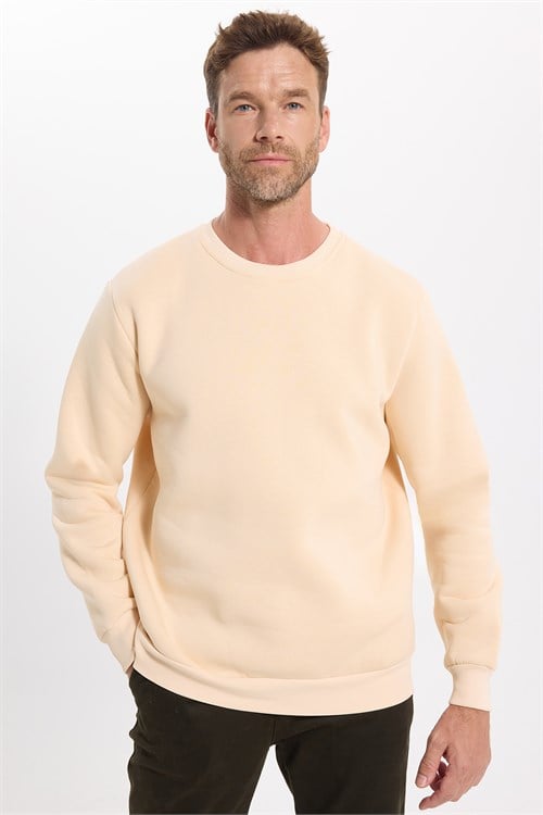 Unisex Relax Fit Rahat Kesim Pamuklu 3 İplik İçi Polarlı Bej Renk Bisiklet Yaka Sweatshirt
