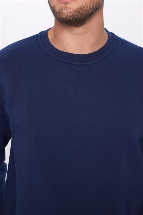 Unisex Relax Fit Rahat Kesim Pamuklu 3 İplik Polarlı Basic Lacivert Bisiklet Yaka Sweatshirt