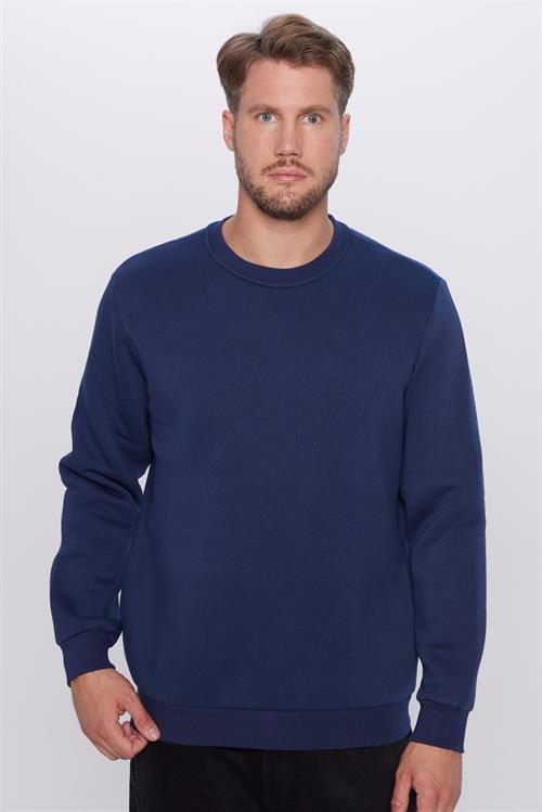 Unisex Relax Fit Rahat Kesim Pamuklu 3 İplik Polarlı Basic Lacivert Bisiklet Yaka Sweatshirt