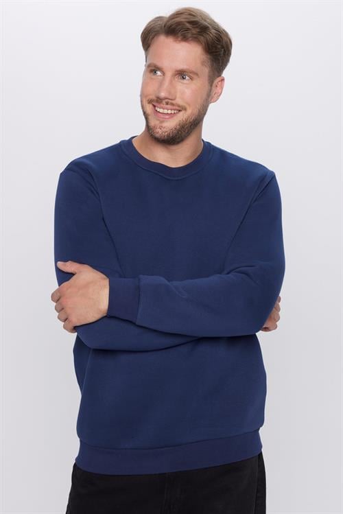 Unisex Relax Fit Rahat Kesim Pamuklu 3 İplik Polarlı Basic Lacivert Bisiklet Yaka Sweatshirt