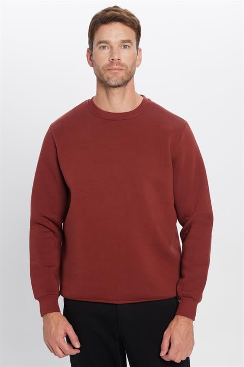 Unisex Relax Fit Rahat Kesim Pamuklu 3 İplik İçi Polarlı Basic Kahverengi Bisiklet Yaka Sweatshirt