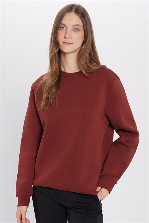 Unisex Relax Fit Rahat Kesim Pamuklu 3 İplik İçi Polarlı Basic Kahverengi Bisiklet Yaka Sweatshirt