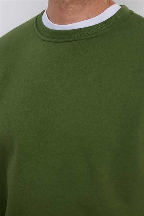 Unisex Relax Fit Rahat Kesim Pamuklu 3 İplik İçi Polarlı Basic Yeşil Bisiklet Yaka Sweatshirt