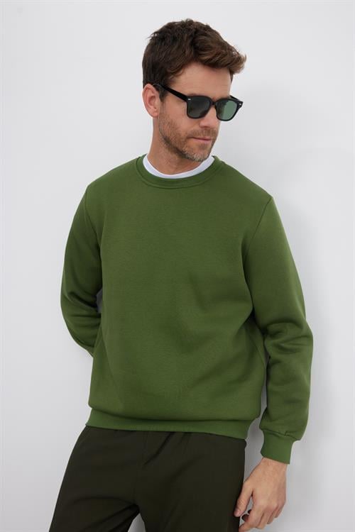 Unisex Relax Fit Rahat Kesim Pamuklu 3 İplik İçi Polarlı Basic Yeşil Bisiklet Yaka Sweatshirt