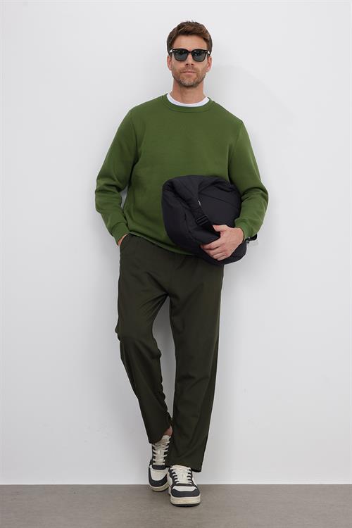 Unisex Relax Fit Rahat Kesim Pamuklu 3 İplik İçi Polarlı Basic Yeşil Bisiklet Yaka Sweatshirt