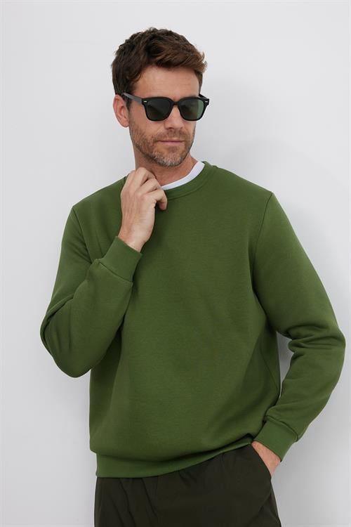 Unisex Relax Fit Rahat Kesim Pamuklu 3 İplik İçi Polarlı Basic Yeşil Bisiklet Yaka Sweatshirt