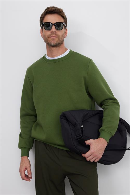 Unisex Relax Fit Rahat Kesim Pamuklu 3 İplik İçi Polarlı Basic Yeşil Bisiklet Yaka Sweatshirt