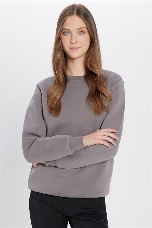 Unisex Relax Fit Rahat Kesim Pamuklu 3 İplik İçi Polarlı Basic Gri Bisiklet Yaka Sweatshirt