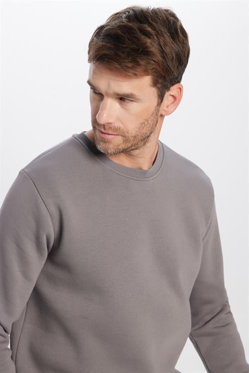 Unisex Relax Fit Rahat Kesim Pamuklu 3 İplik İçi Polarlı Basic Gri Bisiklet Yaka Sweatshirt