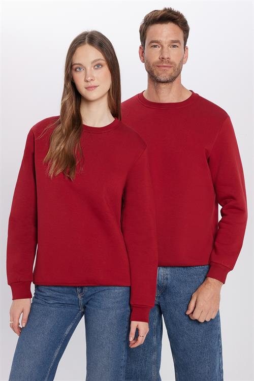 Unisex Relax Fit Rahat Kesim Pamuklu 3 İplik İçi Polarlı Basic Bordo Bisiklet Yaka Sweatshirt