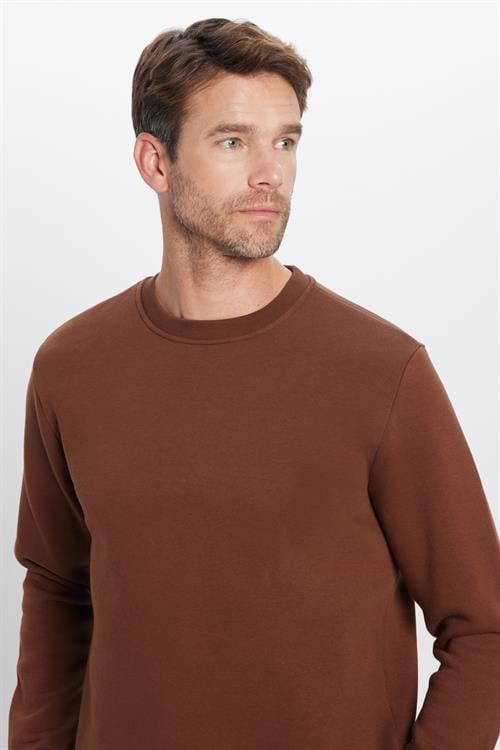 Unisex Relax Fit Rahat Kesim Pamuklu 3 İplik İçi Polarlı Basic Kahverengi Bisiklet Yaka Sweatshirt