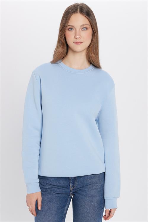 Unisex Relax Fit Rahat Kesim Pamuklu 3 İplik İçi Polarlı Basic Mavi Bisiklet Yaka Sweatshirt