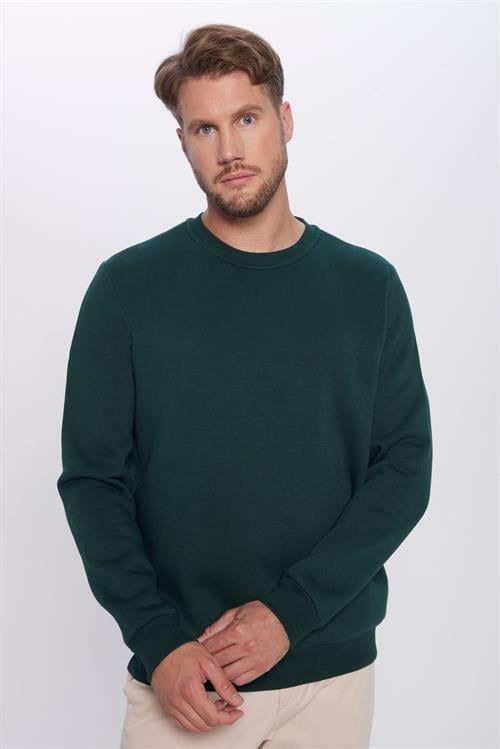Unisex Relax Fit Rahat Kesim Pamuklu 3 İplik İçi Polarlı Basic Yeşil Bisiklet Yaka Sweatshirt