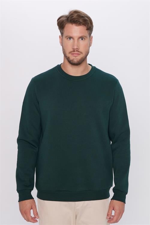 Unisex Relax Fit Rahat Kesim Pamuklu 3 İplik İçi Polarlı Basic Yeşil Bisiklet Yaka Sweatshirt