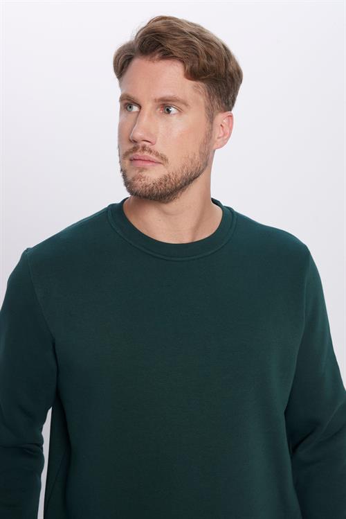 Unisex Relax Fit Rahat Kesim Pamuklu 3 İplik İçi Polarlı Basic Yeşil Bisiklet Yaka Sweatshirt