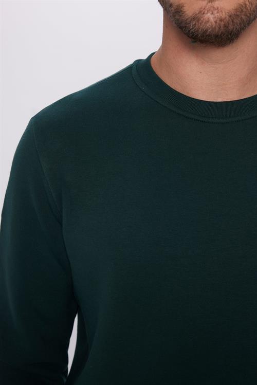 Unisex Relax Fit Rahat Kesim Pamuklu 3 İplik İçi Polarlı Basic Yeşil Bisiklet Yaka Sweatshirt