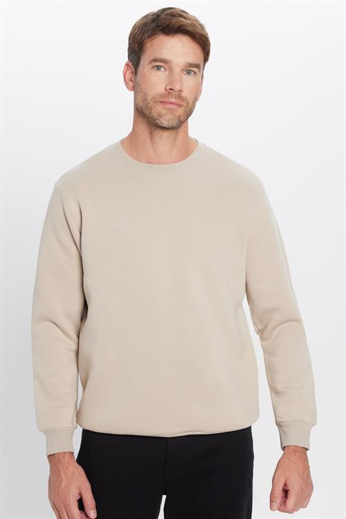 Unisex Relax Fit Rahat Kesim Pamuklu 3 İplik Polarlı Basic Taş Renk Bisiklet Yaka Sweatshirt