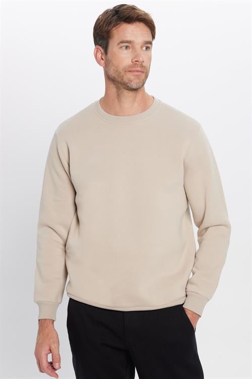 Unisex Relax Fit Rahat Kesim Pamuklu 3 İplik Polarlı Basic Taş Renk Bisiklet Yaka Sweatshirt