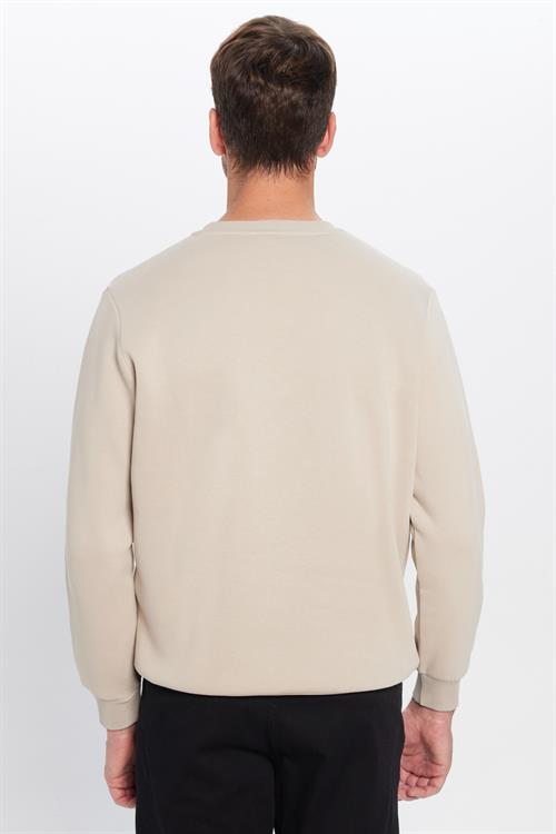 Unisex Relax Fit Rahat Kesim Pamuklu 3 İplik Polarlı Basic Taş Renk Bisiklet Yaka Sweatshirt