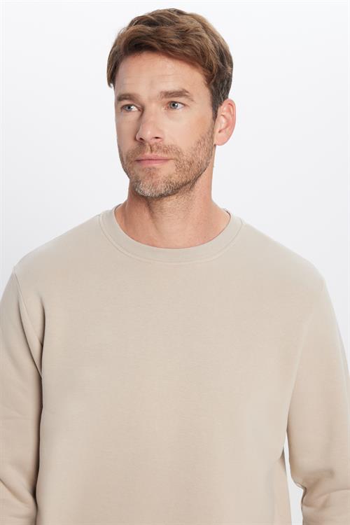Unisex Relax Fit Rahat Kesim Pamuklu 3 İplik Polarlı Basic Taş Renk Bisiklet Yaka Sweatshirt