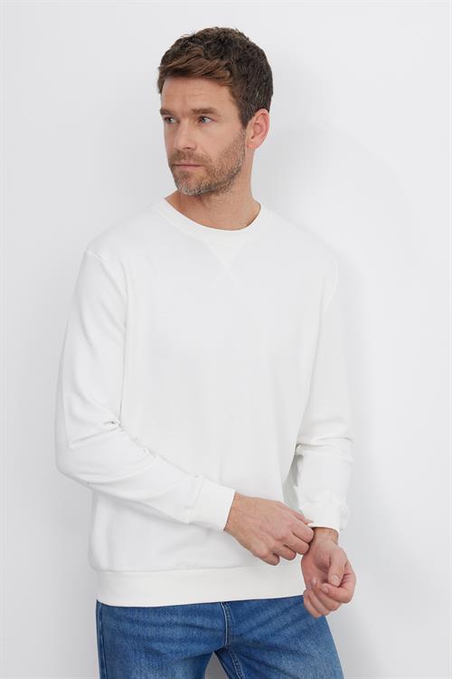 Unisex Relax Fit Rahat Kesim %100 Pamuk 3 İplik Basic Beyaz Bisiklet Yaka Sweatshirt