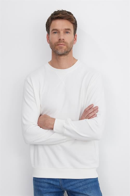 Unisex Relax Fit Rahat Kesim %100 Pamuk 3 İplik Basic Beyaz Bisiklet Yaka Sweatshirt
