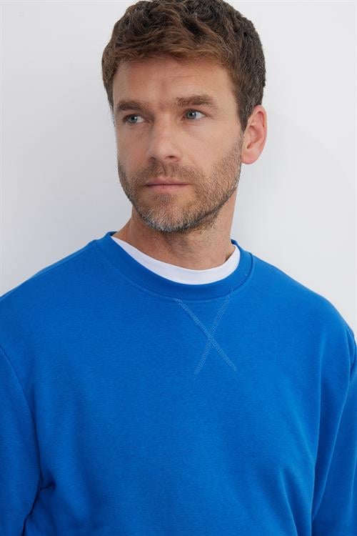 Unisex Relax Fit Rahat Kesim %100 Pamuk 3 İplik Basic Saks Mavi Bisiklet Yaka Sweatshirt