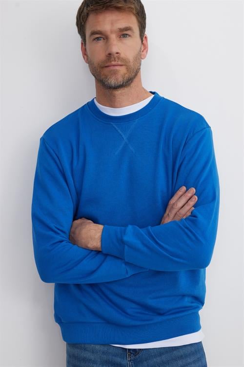 Unisex Relax Fit Rahat Kesim %100 Pamuk 3 İplik Basic Saks Mavi Bisiklet Yaka Sweatshirt