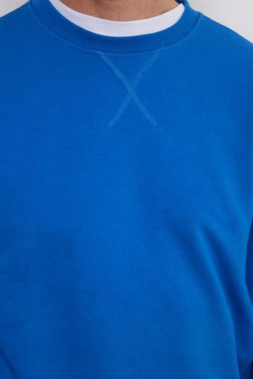 Unisex Relax Fit Rahat Kesim %100 Pamuk 3 İplik Basic Saks Mavi Bisiklet Yaka Sweatshirt