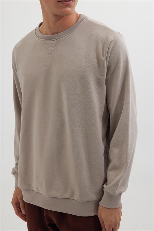 Unisex Relax Fit Rahat Kesim %100 Pamuk 3 İplik Basic Bej Bisiklet Yaka Sweatshirt
