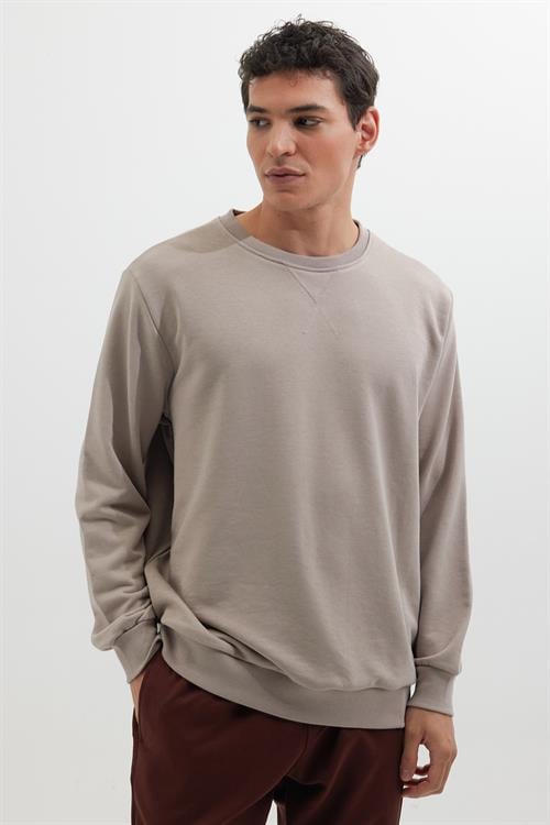 Unisex Relax Fit Rahat Kesim %100 Pamuk 3 İplik Basic Bej Bisiklet Yaka Sweatshirt