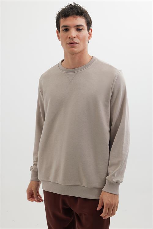Unisex Relax Fit Rahat Kesim %100 Pamuk 3 İplik Basic Bej Bisiklet Yaka Sweatshirt