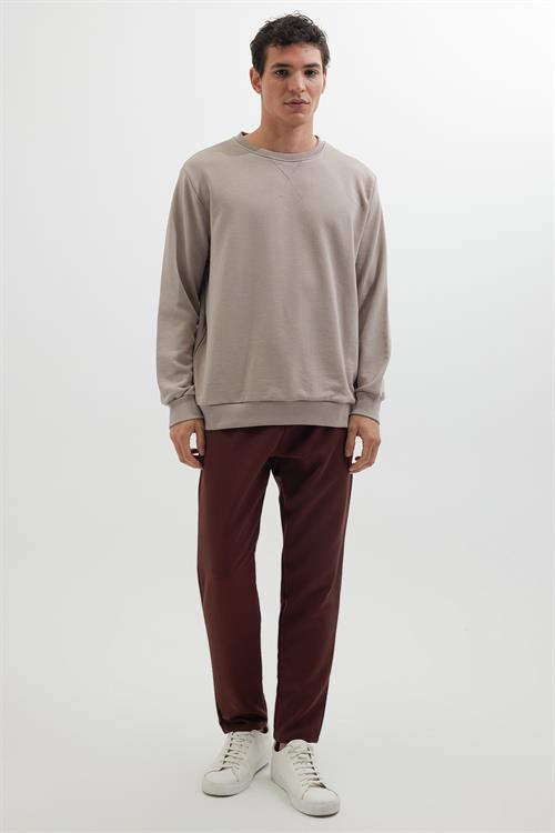 Unisex Relax Fit Rahat Kesim %100 Pamuk 3 İplik Basic Bej Bisiklet Yaka Sweatshirt