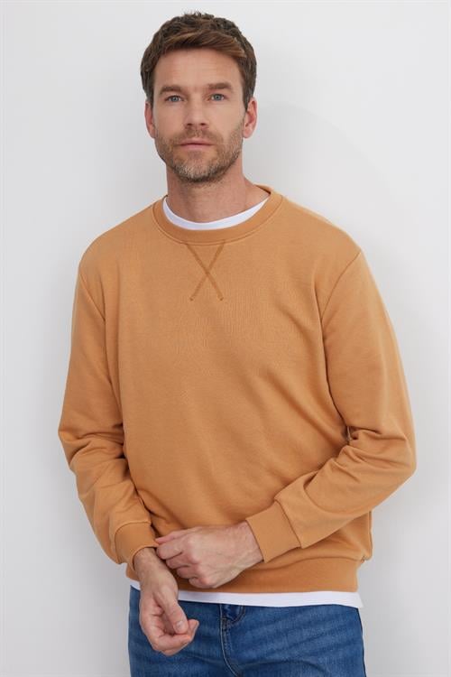 Unisex Relax Fit Rahat Kesim %100 Pamuk 3 İplik Basic Camel Bisiklet Yaka Sweatshirt