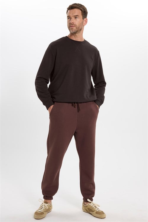 Unisex Relax Fit Rahat Kesim %100 Pamuk 3 İplik Basic Kahverengi Bisiklet Yaka Sweatshirt