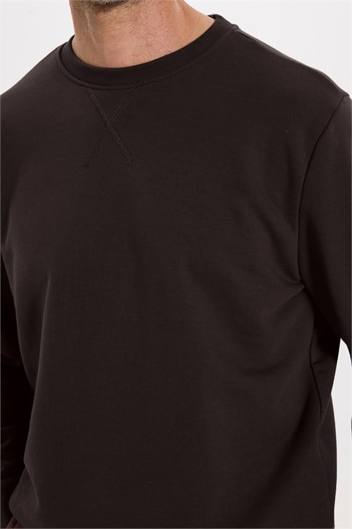 Unisex Relax Fit Rahat Kesim %100 Pamuk 3 İplik Basic Kahverengi Bisiklet Yaka Sweatshirt