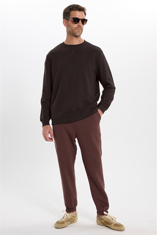 Unisex Relax Fit Rahat Kesim %100 Pamuk 3 İplik Basic Kahverengi Bisiklet Yaka Sweatshirt