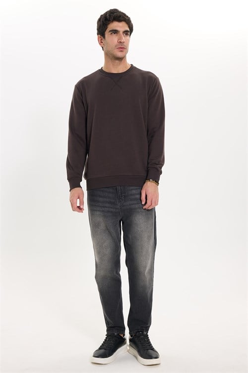 Unisex Relax Fit Rahat Kesim %100 Pamuk 3 İplik Basic Kahverengi Bisiklet Yaka Sweatshirt