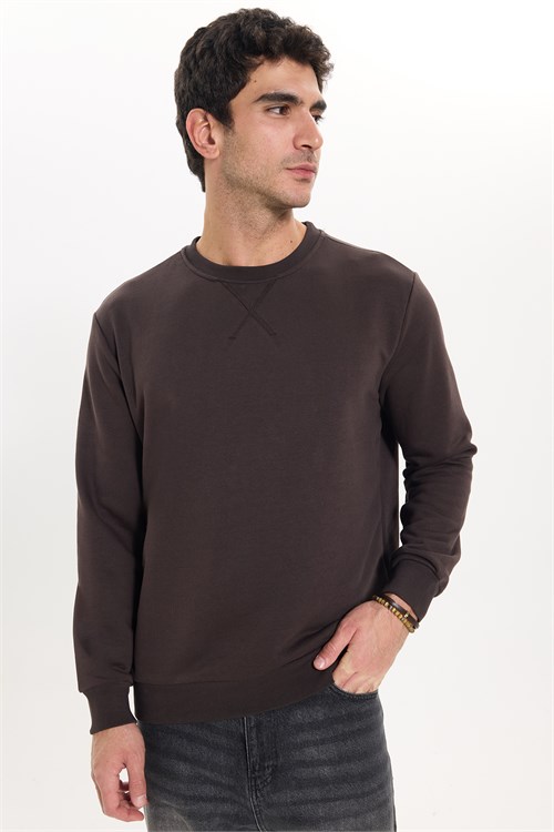 Unisex Relax Fit Rahat Kesim %100 Pamuk 3 İplik Basic Kahverengi Bisiklet Yaka Sweatshirt