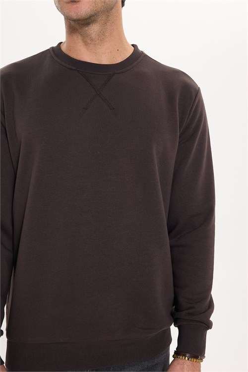 Unisex Relax Fit Rahat Kesim %100 Pamuk 3 İplik Basic Kahverengi Bisiklet Yaka Sweatshirt