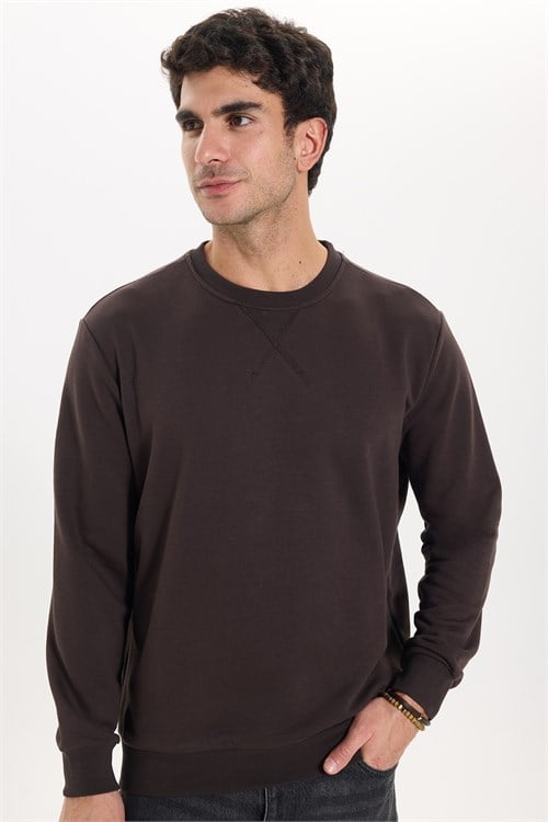 Unisex Relax Fit Rahat Kesim %100 Pamuk 3 İplik Basic Kahverengi Bisiklet Yaka Sweatshirt