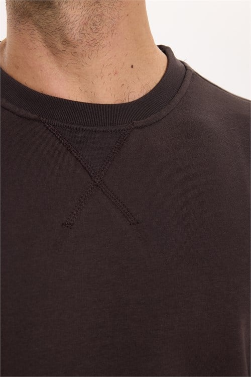 Unisex Relax Fit Rahat Kesim %100 Pamuk 3 İplik Basic Kahverengi Bisiklet Yaka Sweatshirt