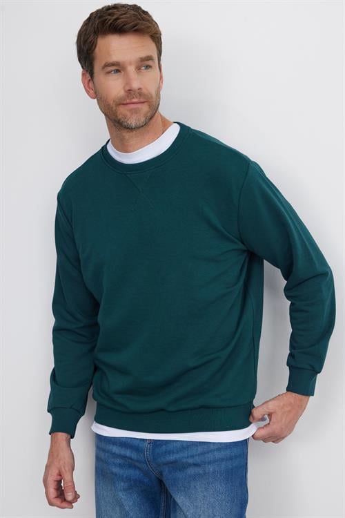 Unisex Relax Fit Rahat Kesim %100 Pamuk 3 İplik Basic Yeşil Bisiklet Yaka Sweatshirt