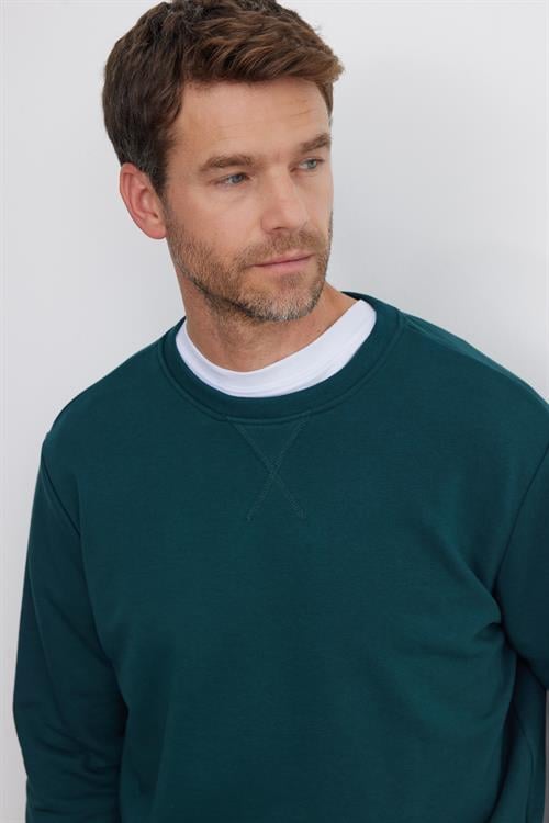Unisex Relax Fit Rahat Kesim %100 Pamuk 3 İplik Basic Yeşil Bisiklet Yaka Sweatshirt