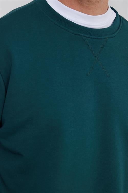 Unisex Relax Fit Rahat Kesim %100 Pamuk 3 İplik Basic Yeşil Bisiklet Yaka Sweatshirt