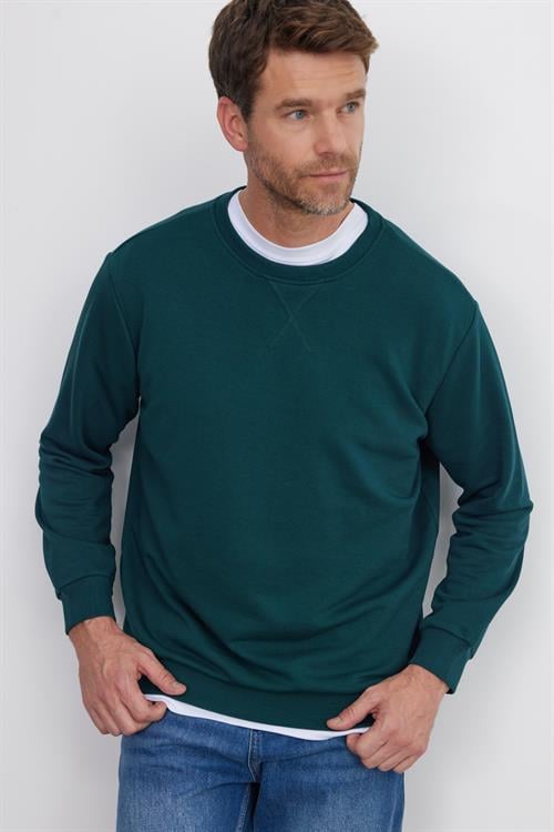Unisex Relax Fit Rahat Kesim %100 Pamuk 3 İplik Basic Yeşil Bisiklet Yaka Sweatshirt