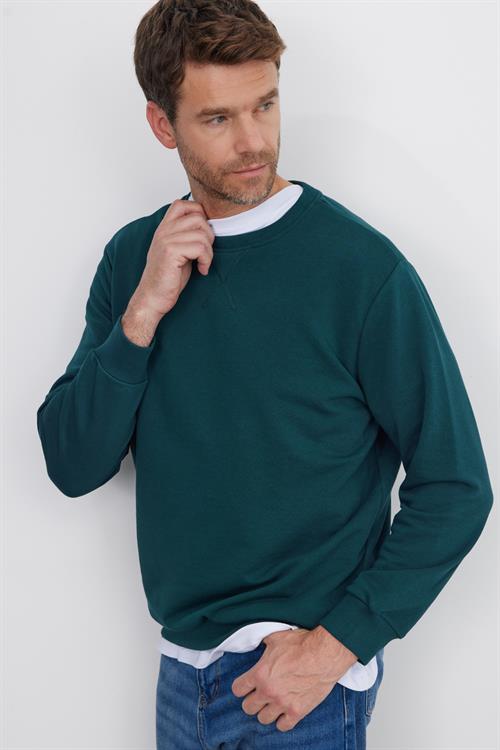 Unisex Relax Fit Rahat Kesim %100 Pamuk 3 İplik Basic Yeşil Bisiklet Yaka Sweatshirt