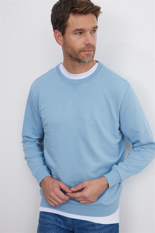 Unisex Relax Fit Rahat Kesim %100 Pamuk 3 İplik Basic Mavi Bisiklet Yaka Sweatshirt