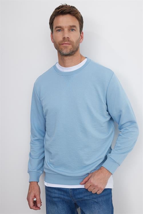 Unisex Relax Fit Rahat Kesim %100 Pamuk 3 İplik Basic Mavi Bisiklet Yaka Sweatshirt